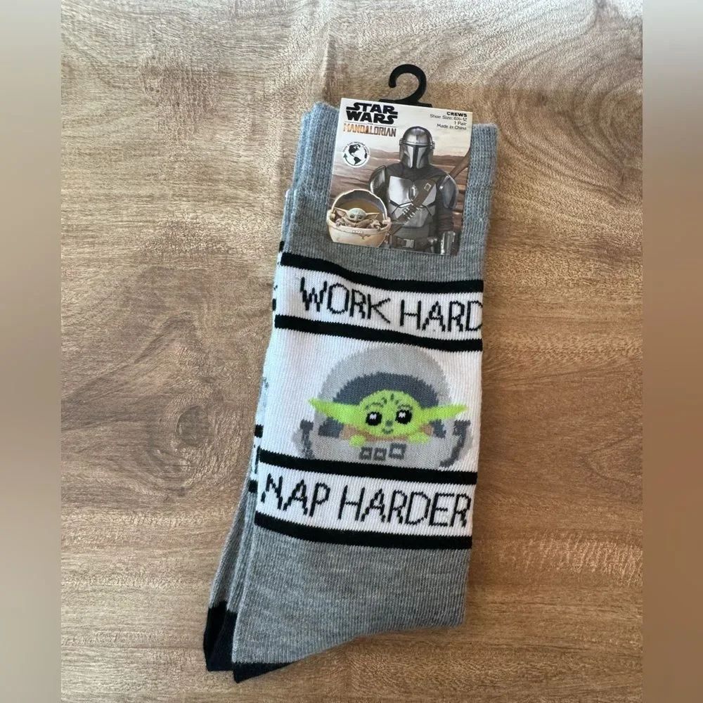 Disney Star Wars New W/Tags The Mandalorian Work Hard Nap Harder Crew Socks